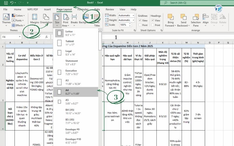 Hình ảnh in ngang vừa trang giấy A4 trong Excel bước 1 - Chọn khổ giấy A4